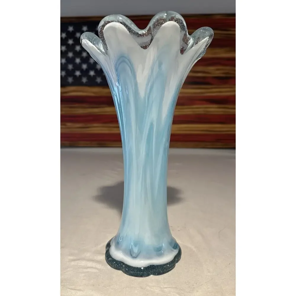 VINTAGE Murano Style BLUE WHITE SWUNG GLASS VASE WITH RUFFLED TOP VASE 10.5